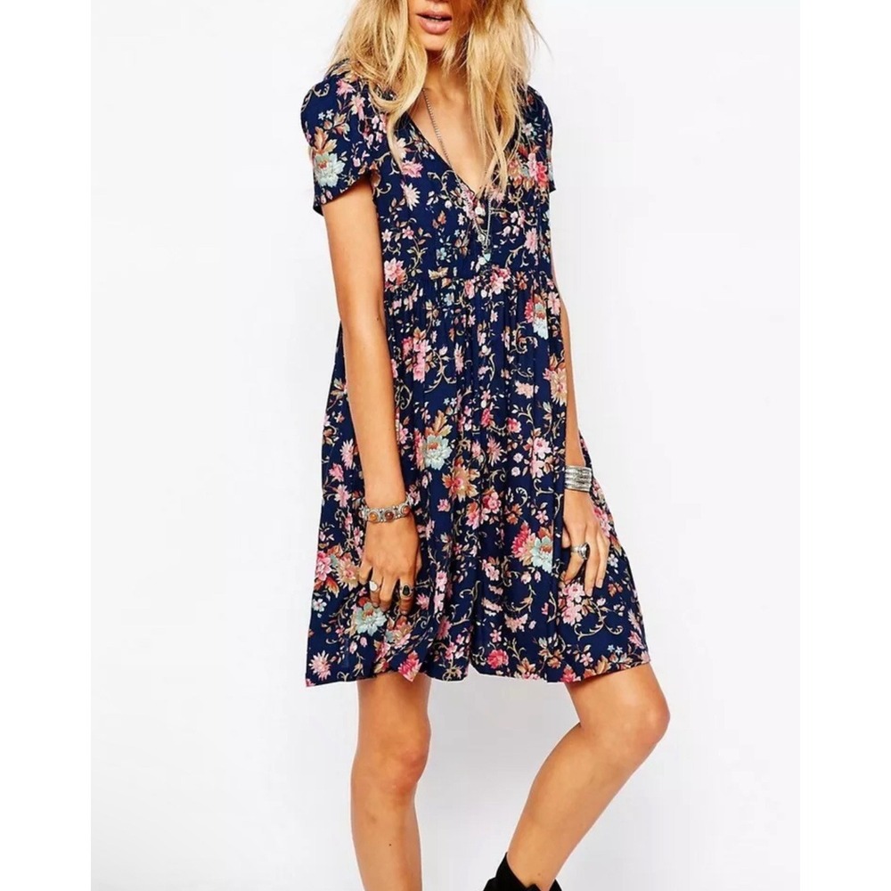 VTG 90s Denim & Supply Babydoll Dress Large Black Floral Grunge Cottagecore EUC